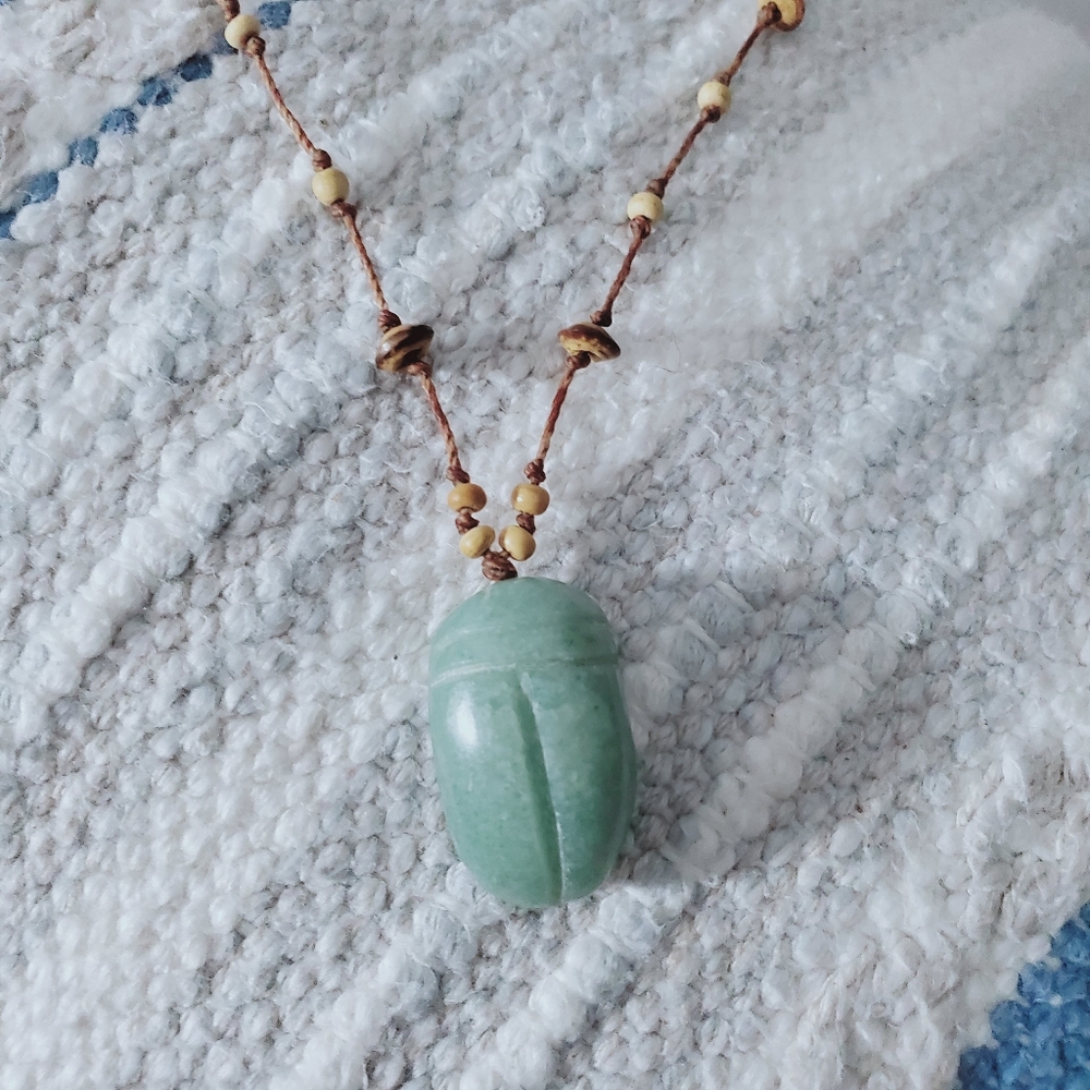 Vintage 90's Hand-Made Egyptian Green Aventurine Scarab Amulet Necklace